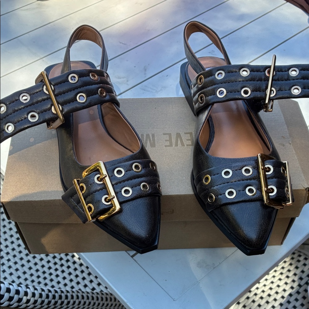 Steve Madden Black Leather Flats with Gold Buckles